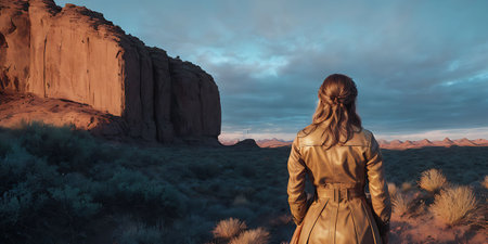 Young woman looking at Monument Valley at sunset. 3D Renderingの素材