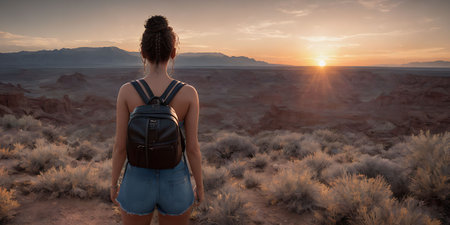 Hike in the Utah mountains. Woman hiker with backpack on sunset.の素材