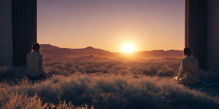 Man and woman sitting on the windowsill at sunset in the mountainsの素材