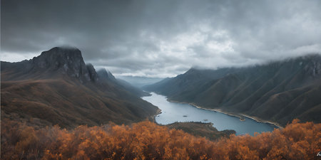 Mountain landscape with lake and cloudy sky. Panoramic viewの素材