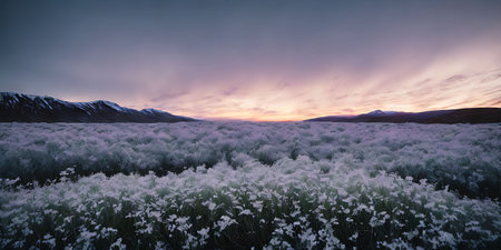 Meadow with white flowers in the mountains at sunset. Dramatic skyの素材