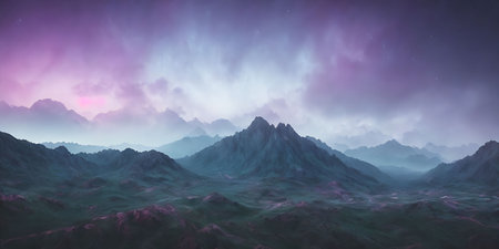 Fantasy alien planet. Mountain and sky. 3D illustration.の素材