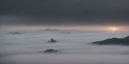 Beautiful panorama of the mountains in the fog at sunrise.の素材
