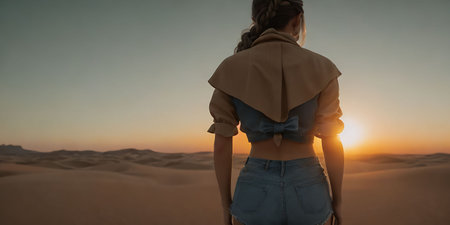 Rear view of young woman standing in the middle of the desert at sunsetの素材