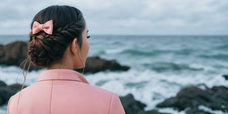 back view of young woman in pink jacket and bow looking at seaの素材
