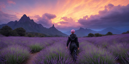 Woman walking on lavender field at sunset with mountains in the backgroundの素材