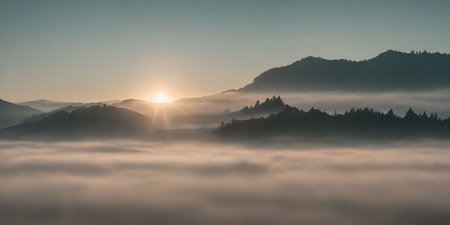 Panoramic view of foggy valley in the mountains at dawnの素材