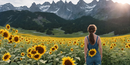 Young woman standing in sunflower field with mountains in the background.の素材