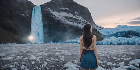 A young woman in a blue dress stands on the background of a waterfall in Icelandの素材