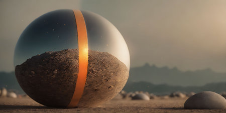 3d render of a sphere on the beach with an orange ribbonの素材
