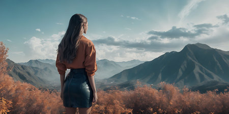 Young woman standing on top of the mountain and looking at nature.の素材