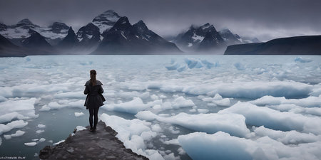 Woman standing on edge of cliff and looking at snow-capped mountainsの素材