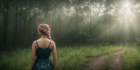 Photo for Rear view of young woman in green dress standing in the forest - Royalty Free Image