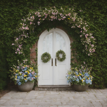 White door decorated with a wreath of flowers and ivy.の素材