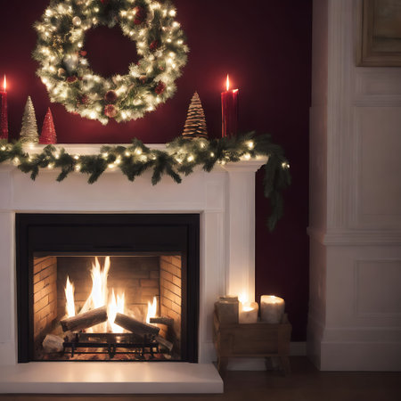 Fireplace with burning candles and Christmas wreath on dark wall backgroundの素材