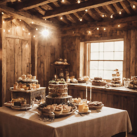 Wedding reception table with sweets and desserts in rustic styleの素材
