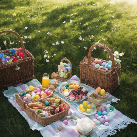 Easter basket with colorful eggs and crockery on green grassの素材