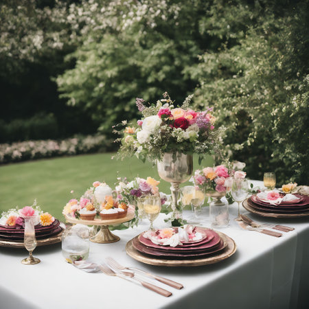 Wedding table setting with flowers and crockery, selective focusの素材