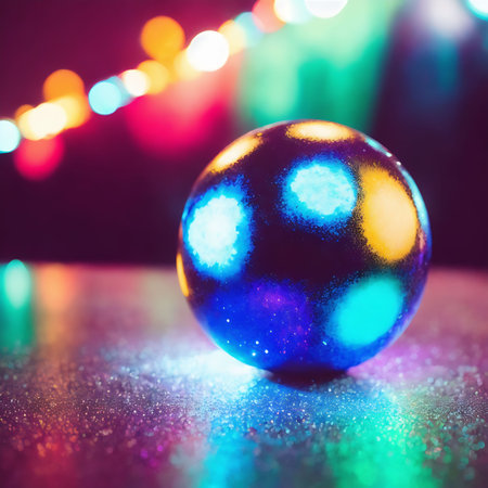Glowing Christmas ball with bokeh background. Christmas and New Year holidays concept.の素材