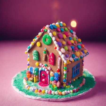 Gingerbread house decorated with colorful candies on a pink backgroundの素材