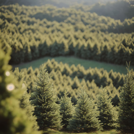 Fir trees on the background of the forest and meadow.の素材