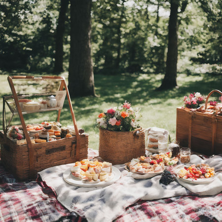 catering wedding buffet food outdoor in the forest, vintage color toneの素材