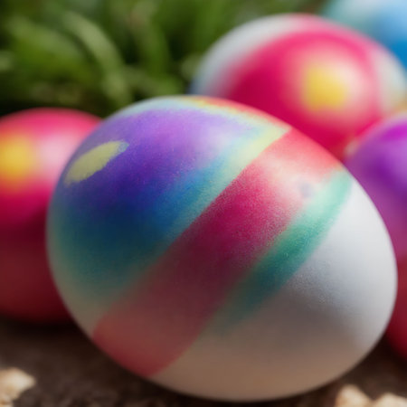 Close up of colorful easter eggs on rustic background with copy spaceの素材