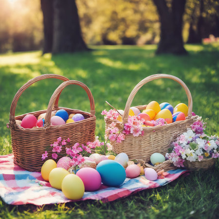 Easter eggs in basket and spring flowers on green grass in parkの素材