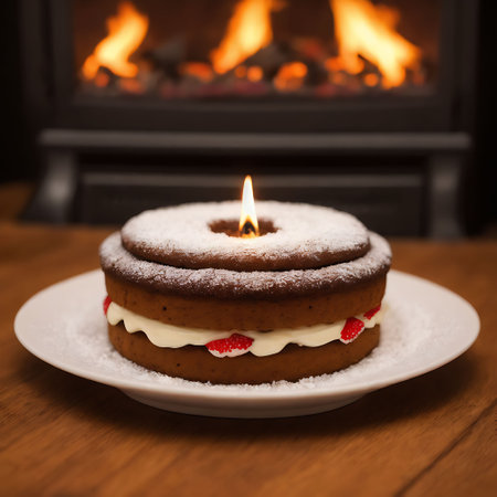 Chocolate cake on a white plate with a burning fire in the backgroundの素材