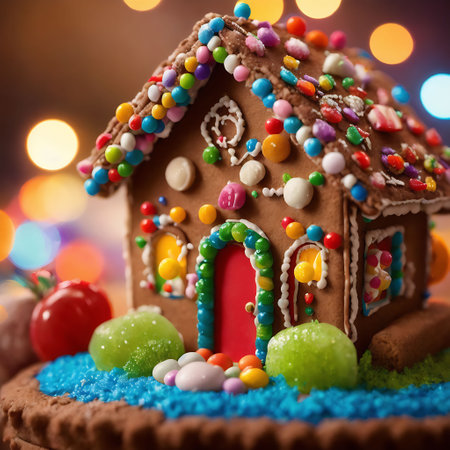 Gingerbread house with colorful candy on bokeh background.の素材