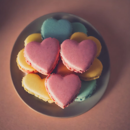 Colorful macaroons in the shape of hearts on a plateの素材