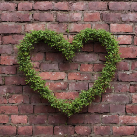 Heart shape made of green ivy on red brick wall, love conceptの素材