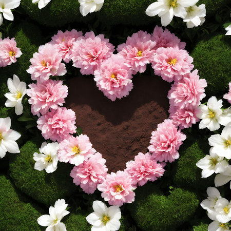 Heart shape made of pink and white flowers with green grass background.の素材