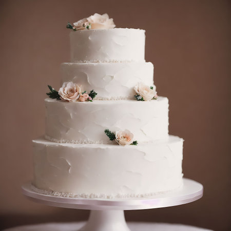 Wedding cake decorated with flowers and green leaves on a brown backgroundの素材