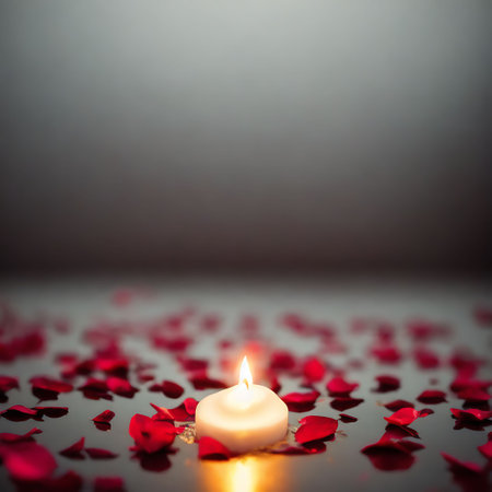 Candle and red rose petals. Valentine's day background.の素材