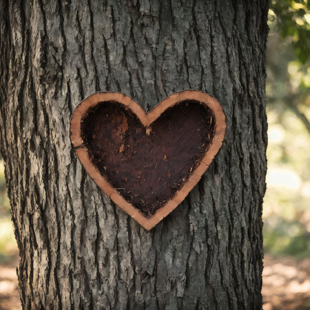 Heart shaped wooden sign on tree bark. Valentines day background.の素材