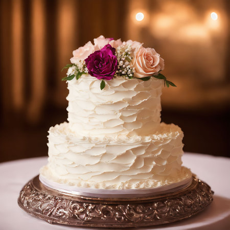 Beautiful wedding cake with flowers, close-up. Shallow depth of fieldの素材