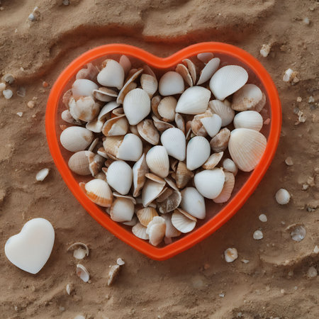 Heart shaped box with seashells on sand background, top viewの素材