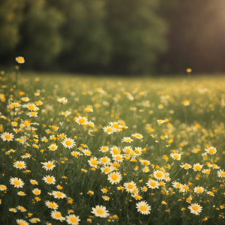 Field of daisies at sunset. Beautiful summer meadow.の素材