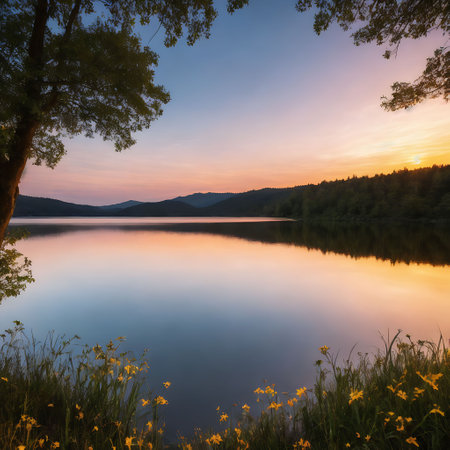 Sunset on a lake with yellow wildflowers in the foregroundの素材