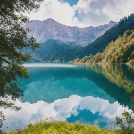 Panoramic view of beautiful turquoise lake in the mountains.の素材