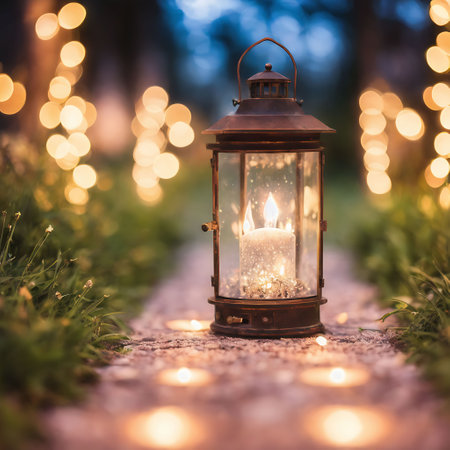 Lantern with burning candle in the garden on a background of blurred lightsの素材