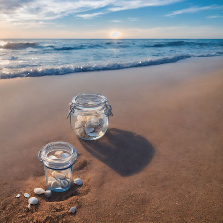 Glass jars with white pebbles on the sandy beach at sunsetの素材