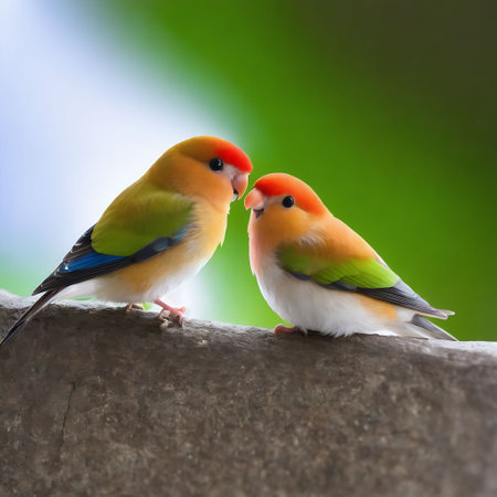 Lovebirds sitting on the wall in the garden, Love concept.の素材