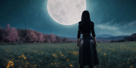 Mysterious woman in black dress standing in the field and looking at the full moonの素材