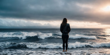Young woman in a black jacket standing on the beach at sunset.の素材