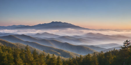 Sunrise over the mountains in the fog. Panoramic view.の素材