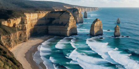 Aerial view of Twelve Apostles, Great Ocean Road, Victoria, Australiaの素材