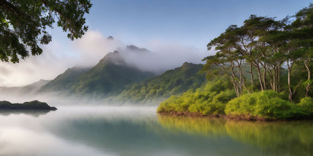 Panoramic view of a beautiful lake surrounded by trees in the morningの素材