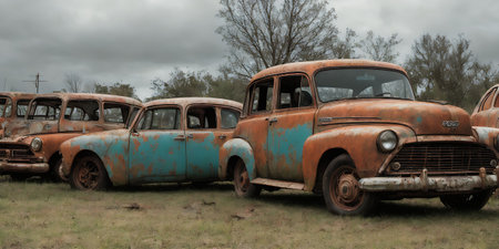 Old rusty cars parked in a row at an old junkyardの素材